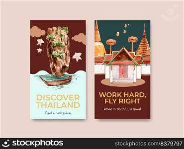 Instagram with Thailand travel concept design for social media and internet watercolor vector illustration
