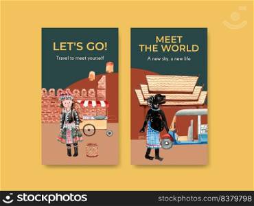 Instagram with Thailand travel concept design for social media and internet watercolor vector illustration 
