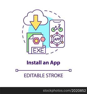 Install app concept icon. Bike sharing usage abstract idea thin line illustration. Application for e-bikes installation. Trail biking routes. Vector isolated outline color drawing. Editable stroke. Install app concept icon