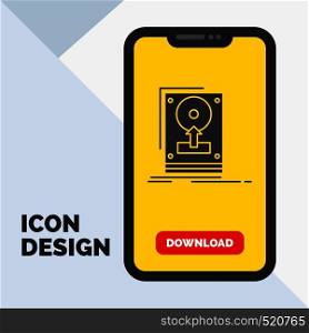install, drive, hdd, save, upload Glyph Icon in Mobile for Download Page. Yellow Background. Vector EPS10 Abstract Template background