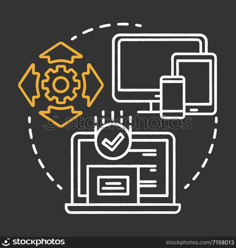 Install testing chalk concept icon. Software programming stage idea thin line illustration. Application development. Implementation testing. IT project idea. Vector isolated chalkboard illustration