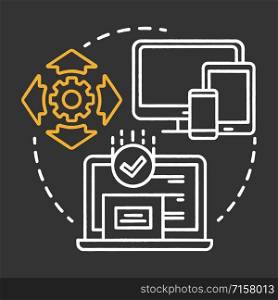 Install testing chalk concept icon. Software programming stage idea thin line illustration. Application development. Implementation testing. IT project idea. Vector isolated chalkboard illustration