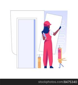 Install wallboards isolated concept vector illustration. Uniform dressed contractor installs paneling, walls wainscoting, private house building, rough interior works vector concept.. Install wallboards isolated concept vector illustration.