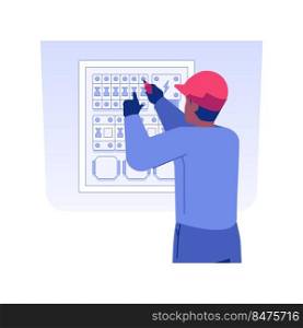 Installation of electrical equipment isolated concept vector illustration. Engineer installing an electrical equipment, fixing wires, commercial construction, interior works vector concept.. Installation of electrical equipment isolated concept vector illustration.