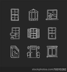 Installation services chalk white icons set on black background. Double-hung windows. Entry doors. Extending beyond exterior wall. Outside view maximizing. Isolated vector chalkboard illustrations. Installation services chalk white icons set on black background