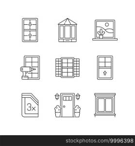 Installation services linear icons set. Double-hung windows. Entry doors. Outside view maximizing. Customizable thin line contour symbols. Isolated vector outline illustrations. Editable stroke. Installation services linear icons set