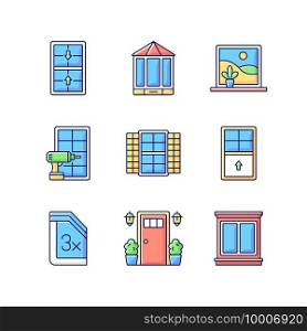 Installation services RGB color icons set. Double-hung windows. Entry doors. Extending beyond exterior wall. Outside view maximizing. Home improvement. Window shutters. Isolated vector illustrations. Installation services RGB color icons set