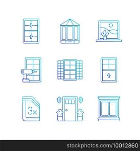 Installation services RGB color icons set. Double-hung windows. Entry doors. Extending beyond exterior wall. Thin line contour symbols bundle. Isolated vector outline illustrations collection. Installation services RGB color icons set
