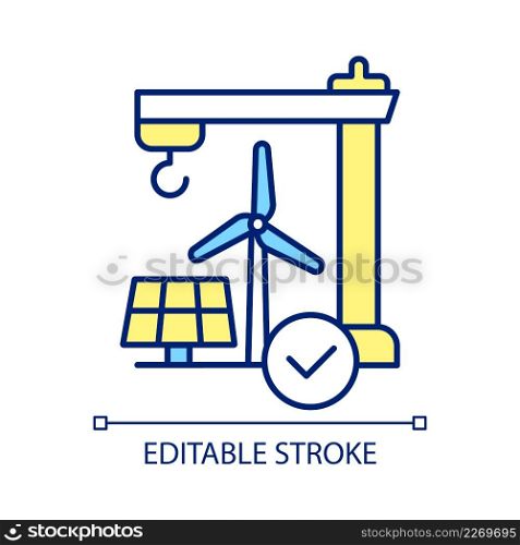 Installing clean energy generating equipment RGB color icon. Sustainable power. Construction site. Isolated vector illustration. Simple filled line drawing. Editable stroke. Arial font used. Installing clean energy generating equipment RGB color icon