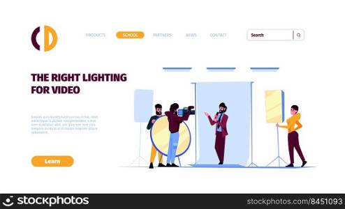 Installing electricity landing. Engineers in uniform decorated interior with bulbs garish vector web page template with place for personal text. Illustration of electricity installation. Installing electricity landing. Engineers in uniform decorated interior with bulbs garish vector web page template with place for personal text