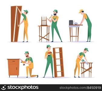Installing furniture. Wooden manufacture service workers building chairs tables wardrobe crafted carpenter handyman exact vector cartoon people. Illustration of furniture installation by handyman. Installing furniture. Wooden manufacture service workers building chairs tables wardrobe crafted carpenter handyman exact vector cartoon people
