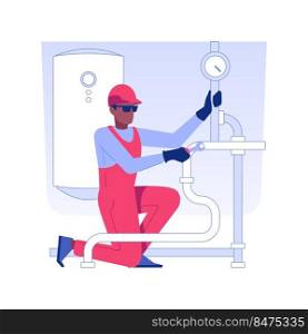 Installing plumbing fixtures isolated concept vector illustration. Professional plumber fixes the pipes under the sink, private house building, rough interior works vector concept.. Installing plumbing fixtures isolated concept vector illustration.