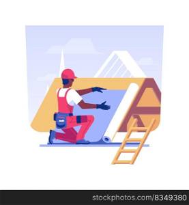 Installing roof underlayment isolated concept vector illustration. Handyman with roofing felt, roofing paper, private house building process, moisture barrier installation vector concept.. Installing roof underlayment isolated concept vector illustration.