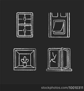 Installing windows and doors chalk white icons set on black background. Double-hung windows. Pet doors. Keeping indoor garden. Fixing cracked glass. Isolated vector chalkboard illustrations. Installing windows and doors chalk white icons set on black background