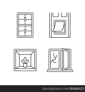 Installing windows and doors linear icons set. Double-hung windows. Pet doors. Keeping indoor garden. Customizable thin line contour symbols. Isolated vector outline illustrations. Editable stroke. Installing windows and doors linear icons set