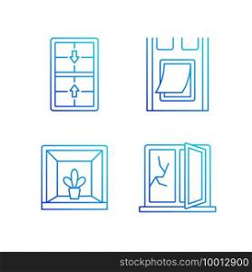 Installing windows and doors RGB color icons set. Double-hung windows. Pet doors. Keeping indoor garden. Thin line contour symbols bundle. Isolated vector outline illustrations collection. Installing windows and doors RGB color icons set