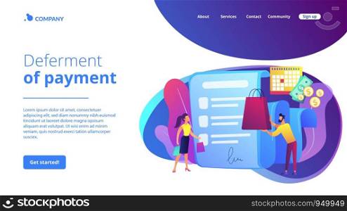 Installment purchase offer, shopping business, convenient customer service. Deferment of payment, net payment terms, buy now pay later concept. Website homepage landing web page template.. Deferment of payment concept landing page