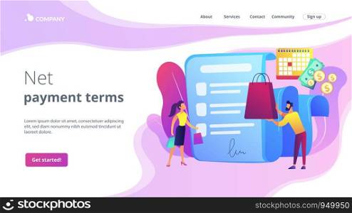 Installment purchase offer, shopping business, convenient customer service. Deferment of payment, net payment terms, buy now pay later concept. Website homepage landing web page template.. Deferment of payment concept landing page