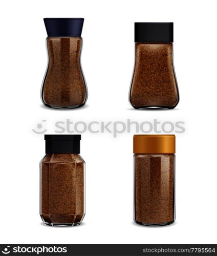 Instant coffee 4 realistic various shape glass and plastic jars packaging set 3d isolated images vector illustration . Instant Coffee Realistic Jars
