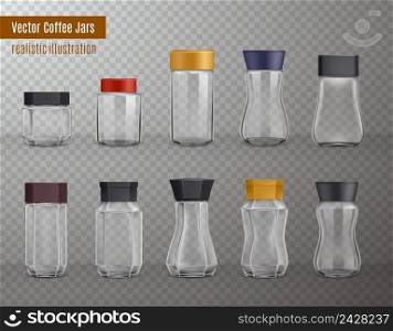 Instant coffee empty realistic various shape glass and plastic jars packaging collection on transparent background vector illustration . Coffee Jars Realistic Transparent