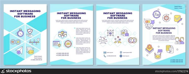 Instant message software for business brochure template. Online mail. Flyer, booklet, leaflet print, cover design with linear icons. Vector layouts for presentation, annual report, advertisement pages. Instant message software for business brochure template