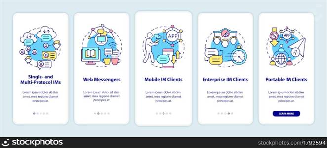 Instant messaging software types onboarding mobile app page screen. Web messenger walkthrough 5 steps graphic instructions with concepts. UI, UX, GUI vector template with linear color illustrations. Instant messaging software types onboarding mobile app page screen