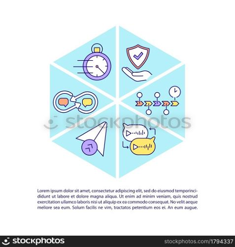 Instant messenger benefits concept line icons with text. PPT page vector template with copy space. Brochure, magazine, newsletter design element. Messaging software linear illustrations on white. Instant messenger benefits concept line icons with text