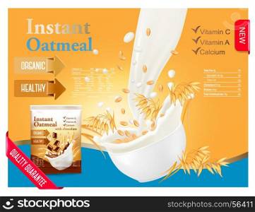 Instant oatmeal advert concept. Milk flowing into a bowl with oat grain. Vector.