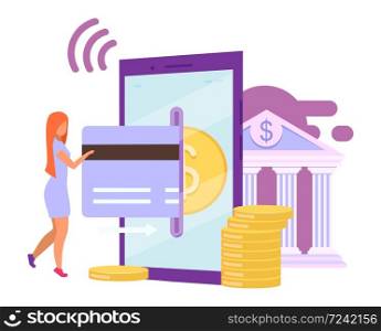 Instant payment flat vector illustration. Mobile banking app. Credit card transaction, bill payment, purchase cartoon concept. Easy to use application. Online bank account. Ebanking, ewallet metaphor