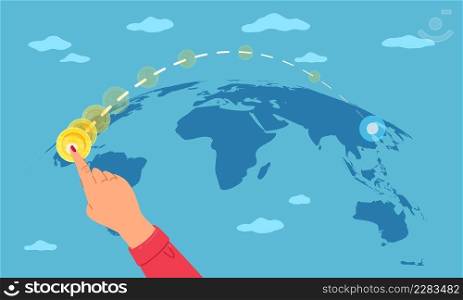 Instant translation of information. International money transfer, huge hand holds gold coin on background of world map, global communication, online banking. Vector cartoon flat style isolated concept. Instant translation of information. International money transfer, huge hand holds gold coin on background of world map, global communication, online banking. Vector cartoon flat concept