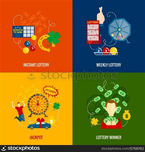Instant win weekly lottery scratch cards jackpot winner joy 4 flat icons composition abstract isolated vector illustration. Lottery 4 flat icons