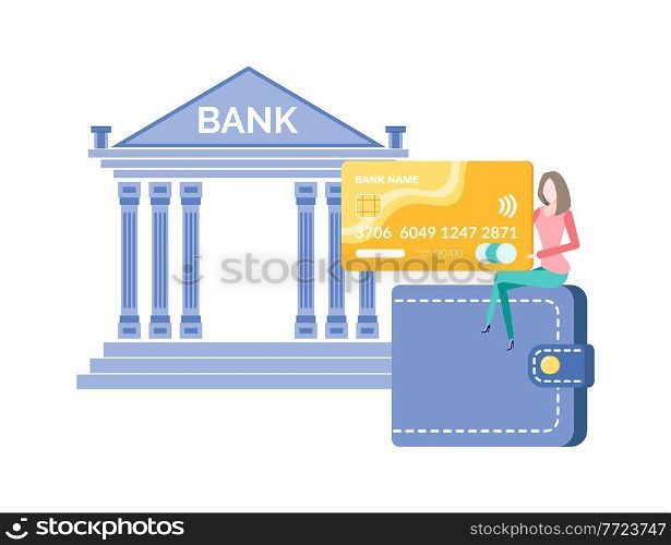 Institution for making transaction vector, bank building in traditional classic style flat style. Woman sitting on wallet with credit card in hands. Bank Institution with Financial Services Vector