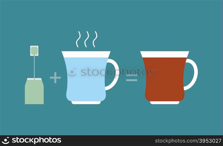 Instruction tea. Tea bag plus hot water. Brew in a circle. Vector illustration. Manual cooking for making tea.