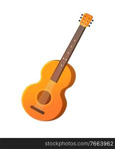 Instrument for entertainment vector, isolated acoustic guitar hobby flat style. Strings and tone, equipment of musician, pastime performance on concert. Acoustic Guitar with Strings, Musical Instrument