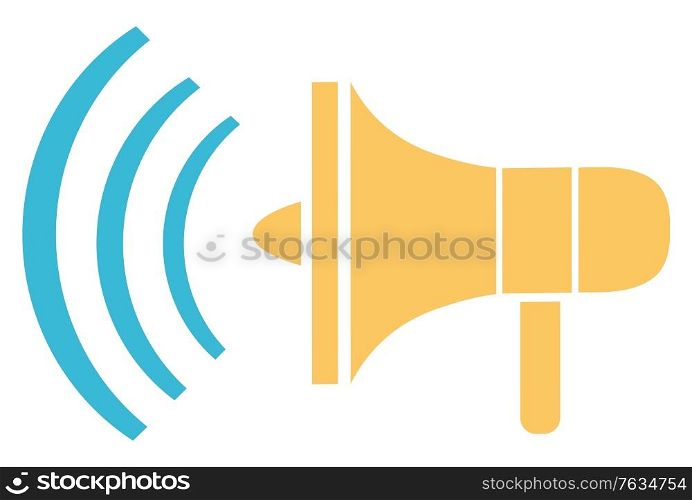 Instrument with handle megaphone, isolated icon of bullhorn media advertising and promotion. Golden tool with waves and loud sound noise. Vector illustration in flat cartoon style. Megaphone for Making Announcements and Ads Tool