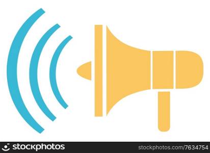 Instrument with handle megaphone, isolated icon of bullhorn media advertising and promotion. Golden tool with waves and loud sound noise. Vector illustration in flat cartoon style. Megaphone for Making Announcements and Ads Tool