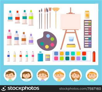 Instruments for painting and different brushes, canvas and other tools in cartoon style, paint art. Stickers decorated by round icons with smiling kids vector. Canvas and Other Tools for Painting, Kid Vector