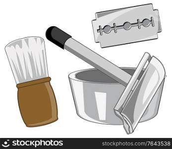 Instruments for shaving tool with blade and shaving brush. Tool and blade with shaving brush for shaving