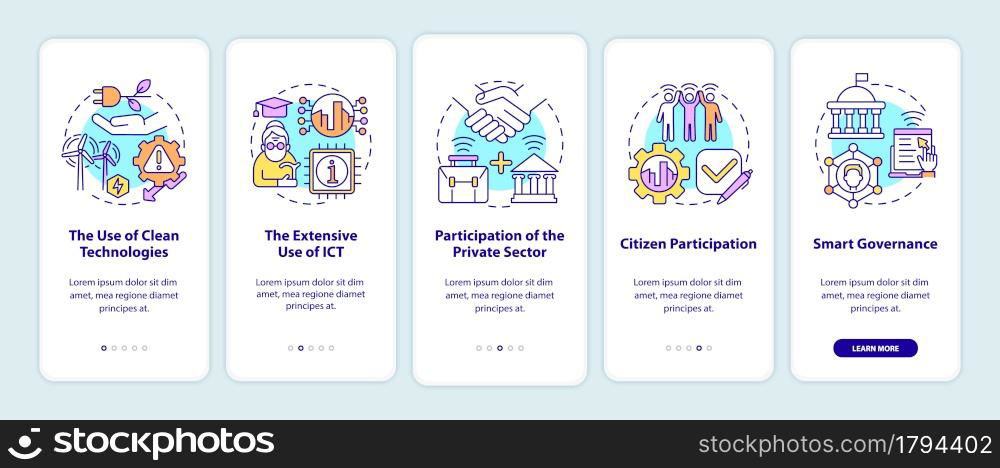 Instruments of Smart city onboarding mobile app page screen. Urban management walkthrough 5 steps graphic instructions with concepts. UI, UX, GUI vector template with linear color illustrations. Instruments of Smart city onboarding mobile app page screen