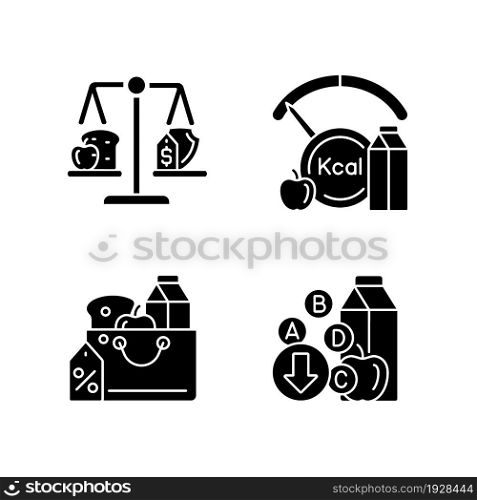 Insufficient food consumption black glyph icons set on white space. Malnutrition and hunger issue. Grocery products sale. Food justice. Silhouette symbols. Vector isolated illustration. Insufficient food consumption black glyph icons set on white space