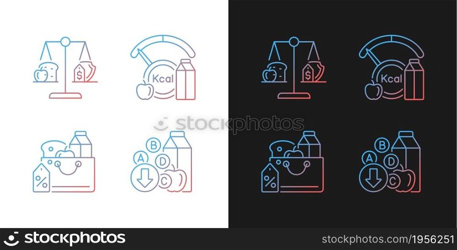 Insufficient food consumption gradient icons set for dark and light mode. Malnutrition issue. Thin line contour symbols bundle. Isolated vector outline illustrations collection on black and white. Insufficient food consumption gradient icons set for dark and light mode