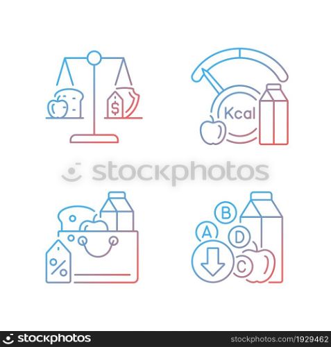 Insufficient food consumption gradient linear vector icons set. Malnutrition and hunger issue. Grocery products sale. Thin line contour symbols bundle. Isolated outline illustrations collection. Insufficient food consumption gradient linear vector icons set