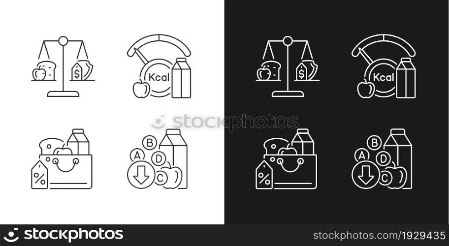 Insufficient food consumption linear icons set for dark and light mode. Grocery products sale. Food justice. Customizable thin line symbols. Isolated vector outline illustrations. Editable stroke. Insufficient food consumption linear icons set for dark and light mode