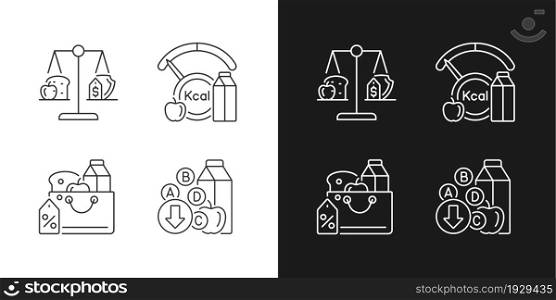 Insufficient food consumption linear icons set for dark and light mode. Grocery products sale. Food justice. Customizable thin line symbols. Isolated vector outline illustrations. Editable stroke. Insufficient food consumption linear icons set for dark and light mode