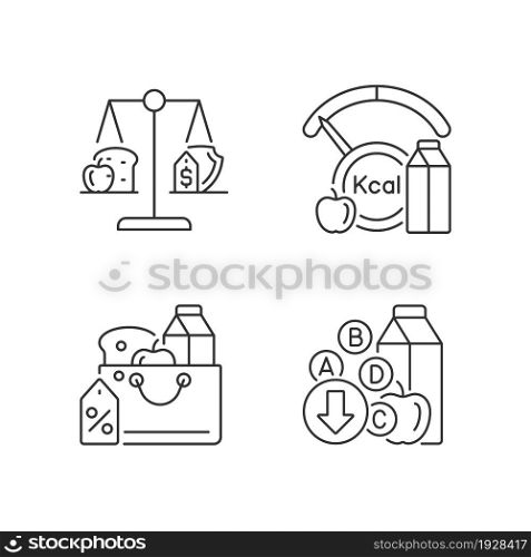 Insufficient food consumption linear icons set. Malnutrition and hunger issue. Grocery products sale. Customizable thin line contour symbols. Isolated vector outline illustrations. Editable stroke. Insufficient food consumption linear icons set