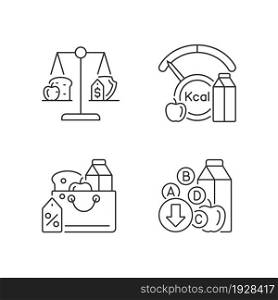Insufficient food consumption linear icons set. Malnutrition and hunger issue. Grocery products sale. Customizable thin line contour symbols. Isolated vector outline illustrations. Editable stroke. Insufficient food consumption linear icons set