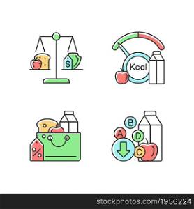 Insufficient food consumption RGB color icons set. Malnutrition and hunger issue. Grocery products sale. Food justice. Isolated vector illustrations. Simple filled line drawings collection. Insufficient food consumption RGB color icons set