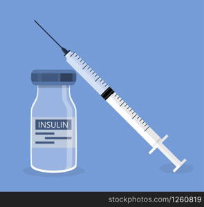 Insulin syringe, blood glucose testing meter and insulin bottle in flat style icon are shown for type 2 diabetes control. Help for diabetics and insulin production concept vector.. Insulin syringe, blood glucose testing meter and insulin bottle in flat style icon are shown for type 2 diabetes control. Help for diabetics and insulin production