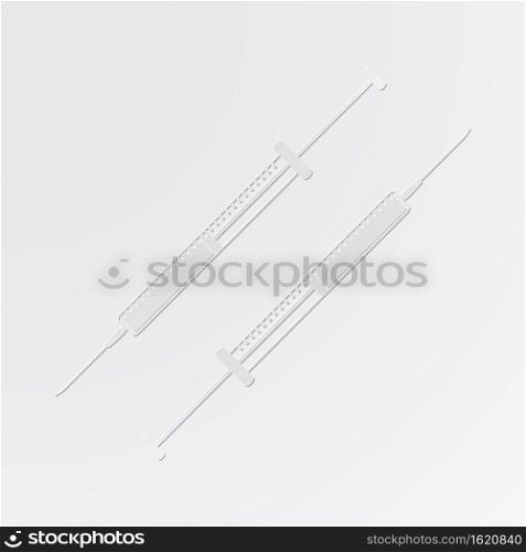 insulin syringe cut out of paper style on gray background.