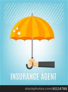 Insurance Agent Background . Insurance agent background with rain umbrella and hand flat vector illustration